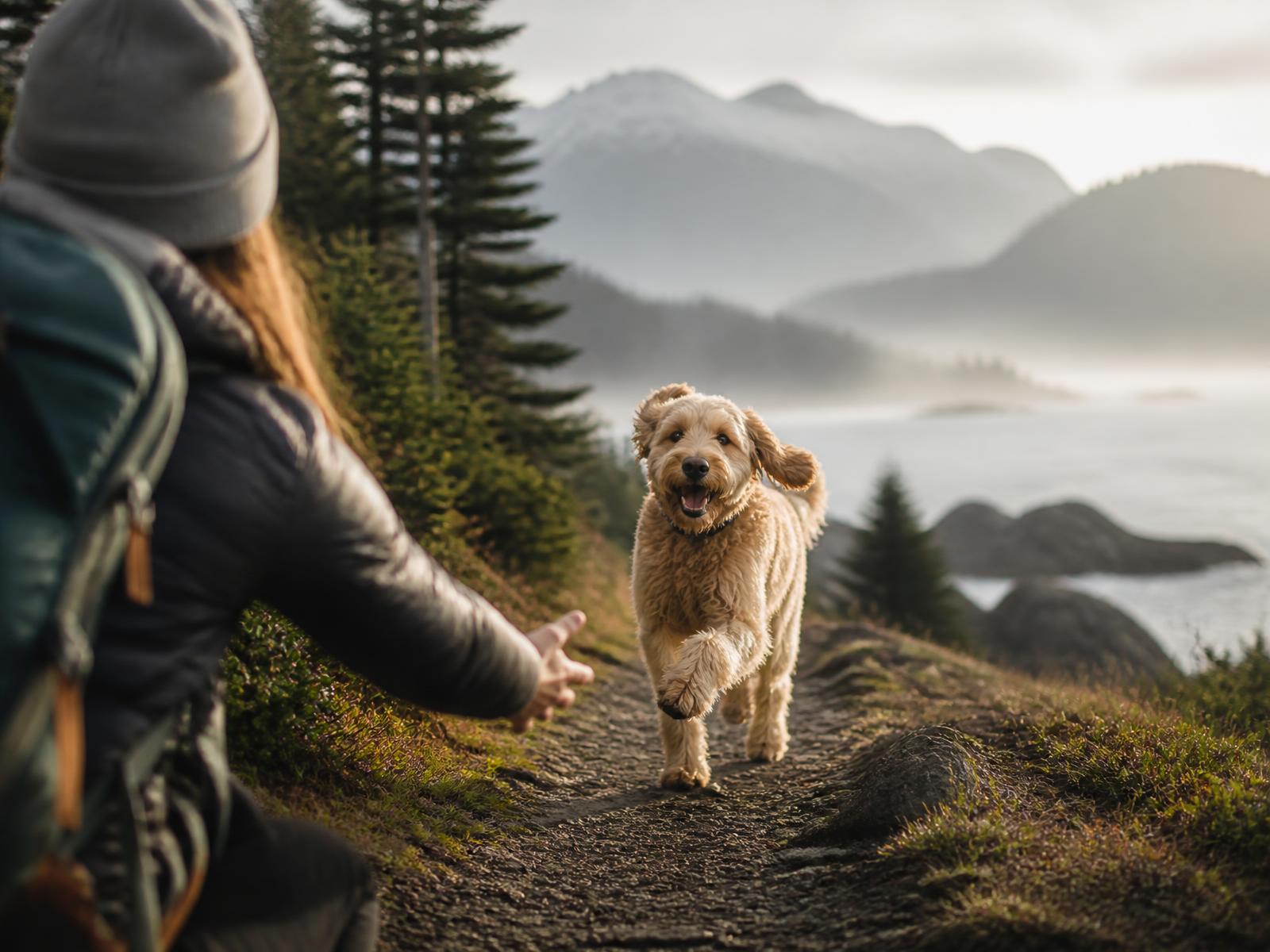 A golden doodle running back to its owner on a misty British Columbia coastal trail